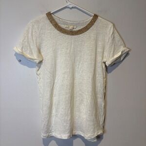 Maje Gold‎ Embellished Neckline 100% Linen Shirt Short Sleeve Ivory Sz 1 Small